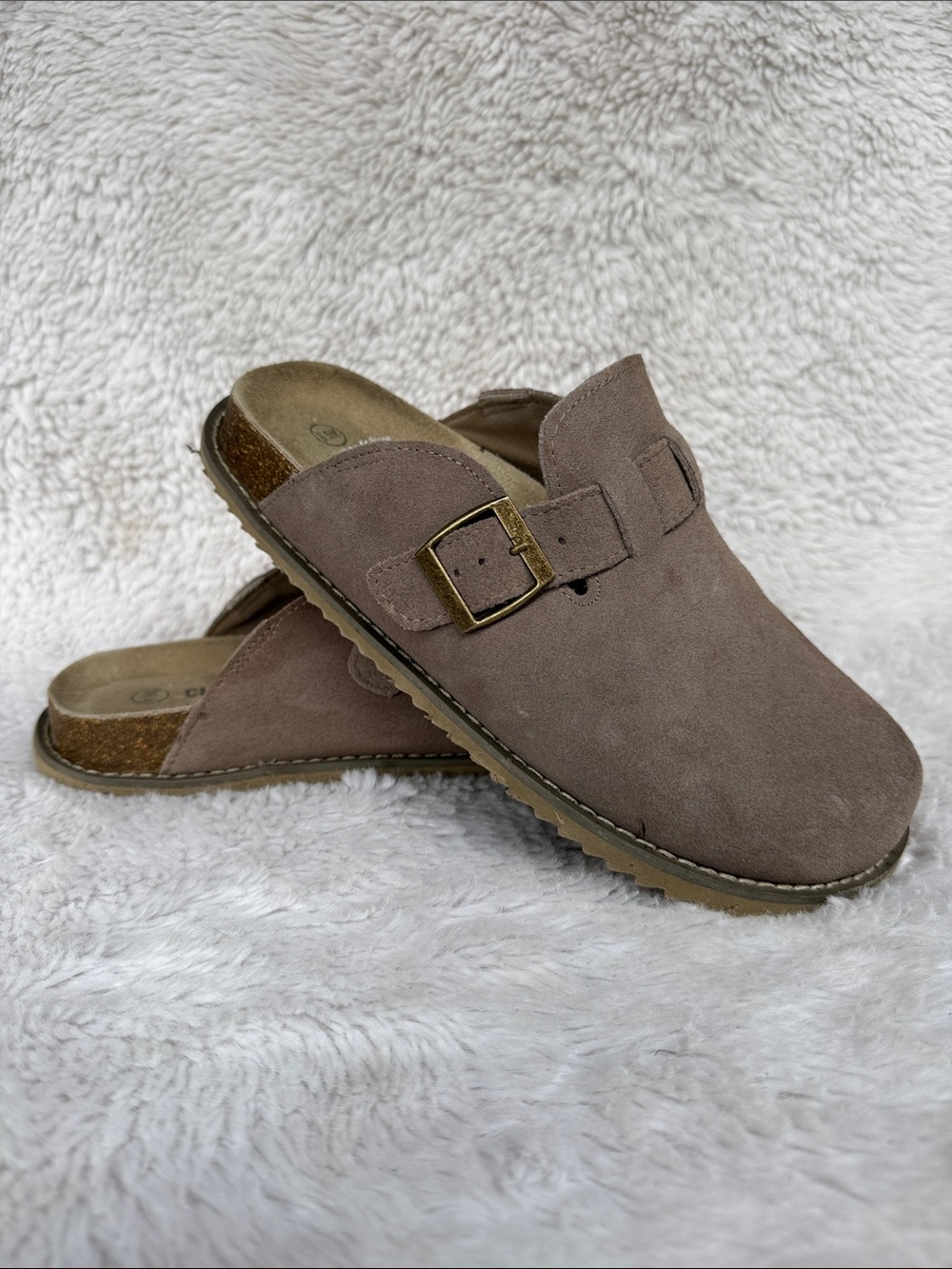 Women's Suede Slip-On Clog Mule with Buckle - Taupe